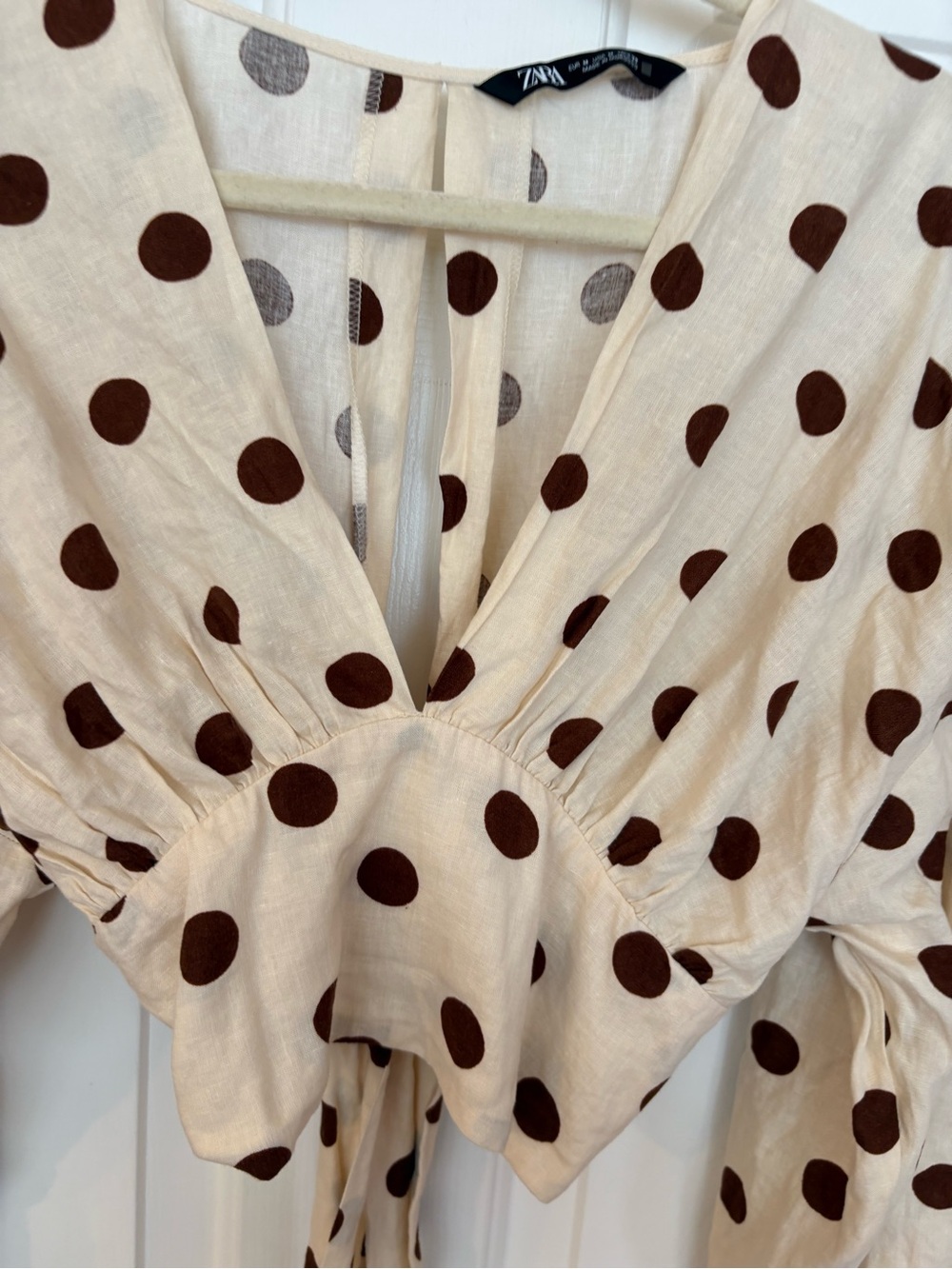 Zara Women's Ivory/Brown Polka Dot LS Cropped Blouse Size M Glam Linen Blend - Picture 2 of 6
